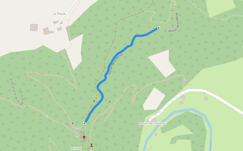 Sentier de la Messe walking route map in Rignac