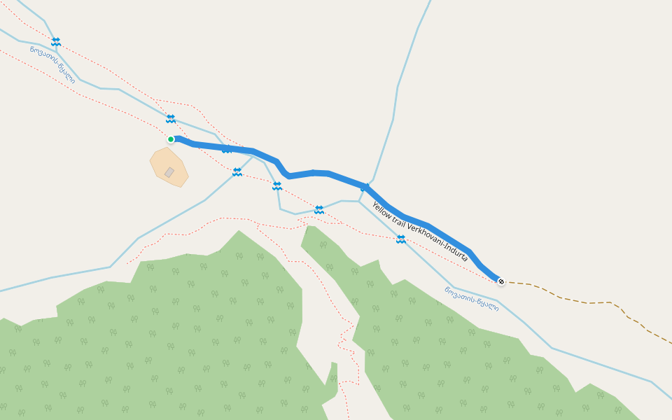 Yellow trail Verkhovani-Indurta walking route map in Indurta