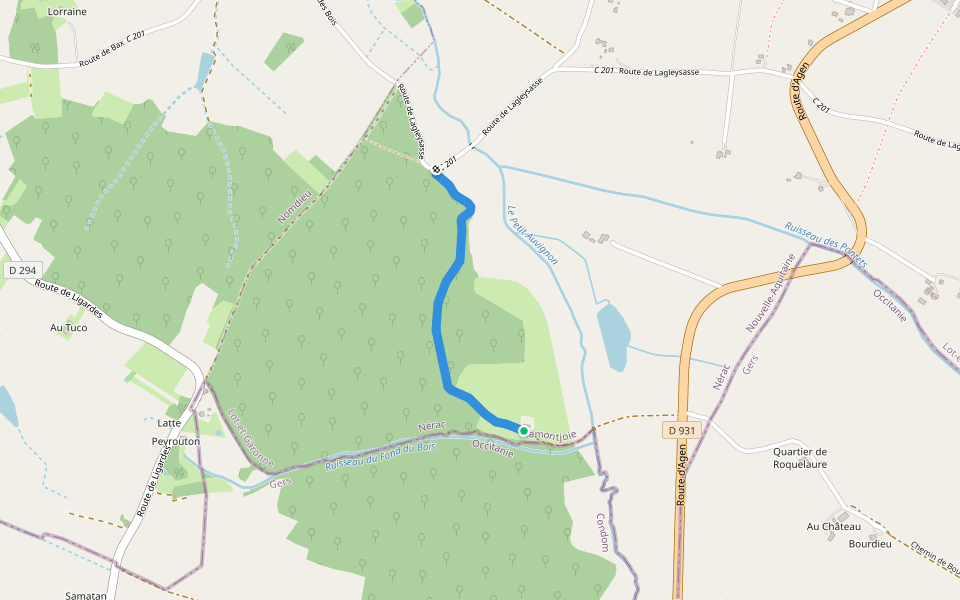 Chemin du Fond du Bois au Pont de Révignan walking route map in Lamontjoie