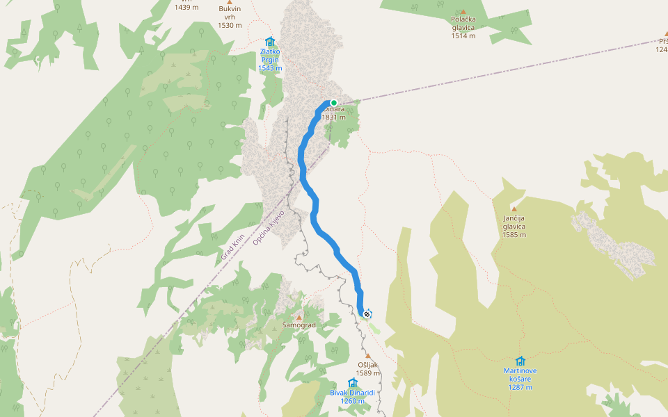 Ošjak-Dinara(Sinjal) walking route map in Kijevo