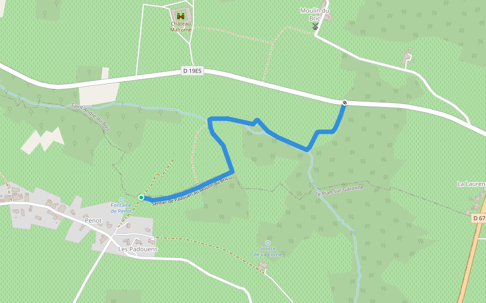 Sentier de Padouen au Moulin du Bric walking route map in Le Pian-sur-Garonne