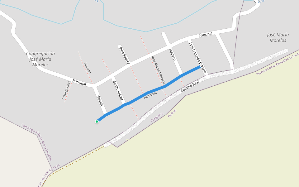 Acmuxni walking route map in Sabanas de Xalostoc
