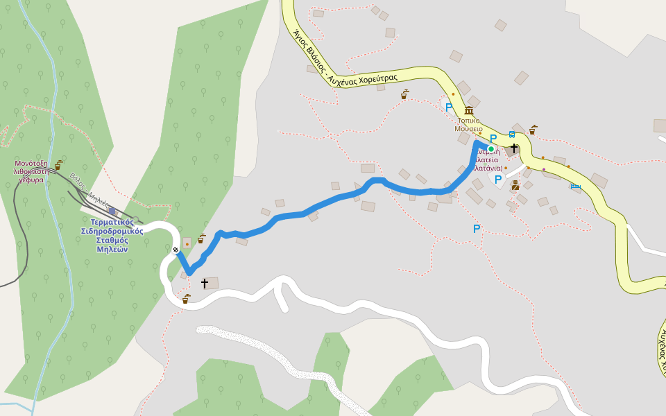 Σιδηροδρομικός Σταθμός - Κεντρική Πλατεία walking route map in Milies