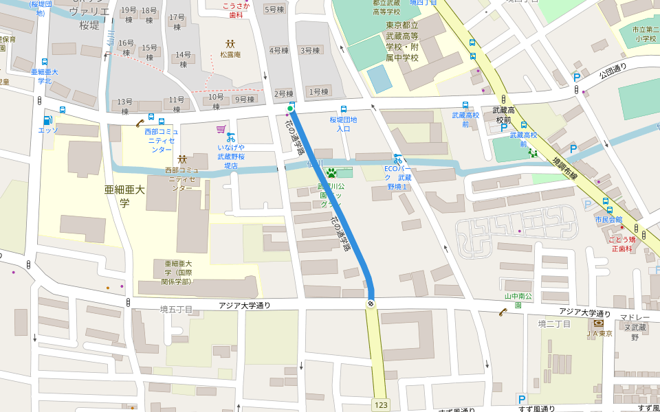 花の通学路 walking route map in Musashino