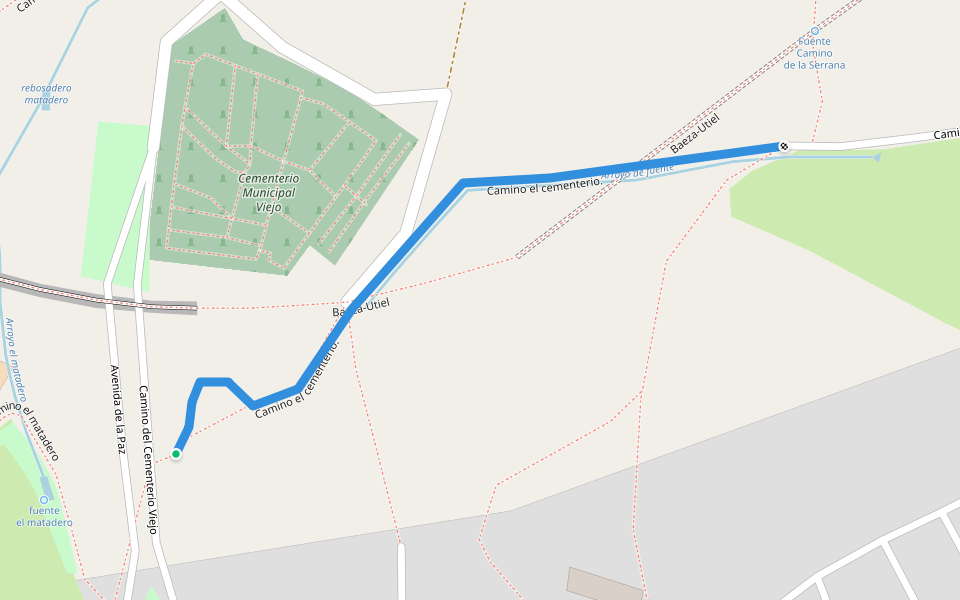Camino el cementerio. walking route map in Villanueva del Arzobispo