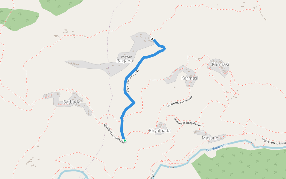 Bhyalbada to Pakjada walking route map in Seri