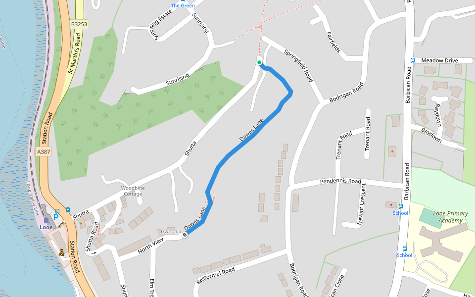 Dawes Lane walking route map in Looe