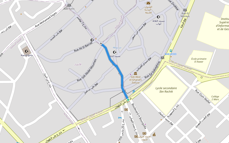 شارع الحبيب بورقيبة walking route map in Kairouan