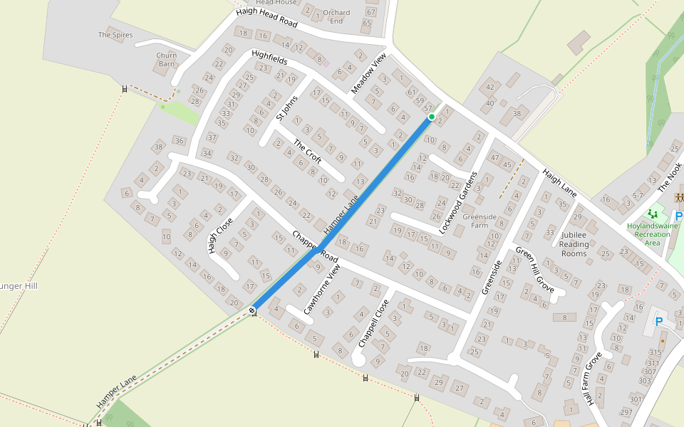 Hamper Lane walking route map in Hoylandswaine