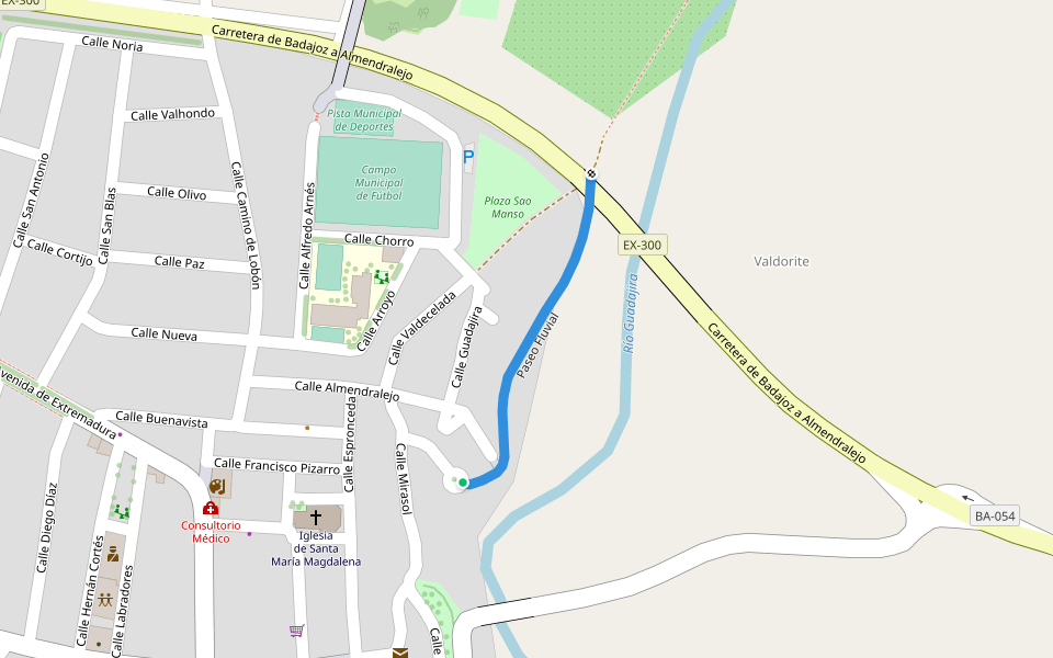 Paseo Fluvial walking route map in Solana de los Barros