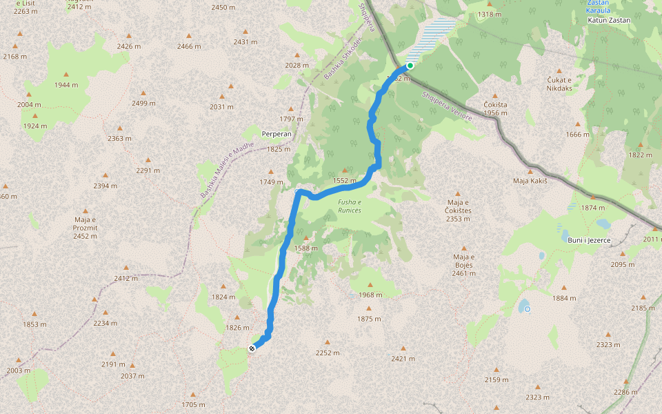 Route to Vusanje walking route map in Grebaje