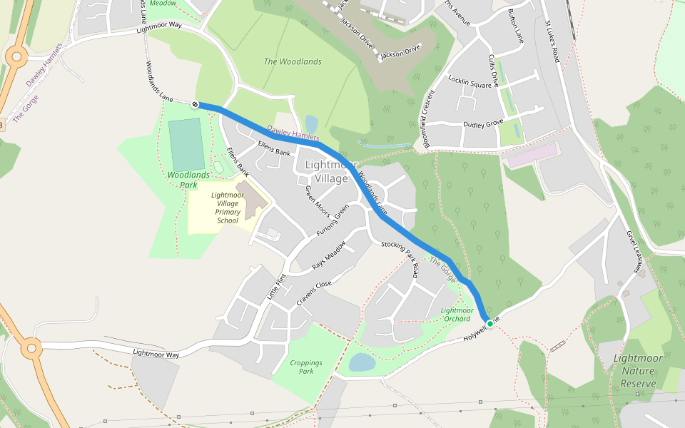 Woodlands Lane walking route map in Lightmoor
