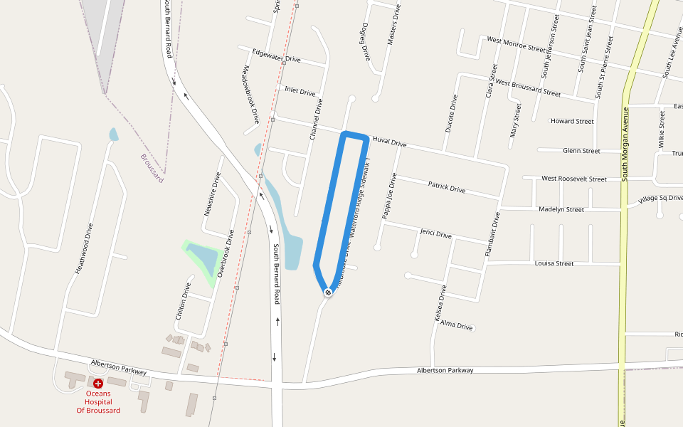 Waterford Ridge Sidewalk 1 walking route map in Broussard