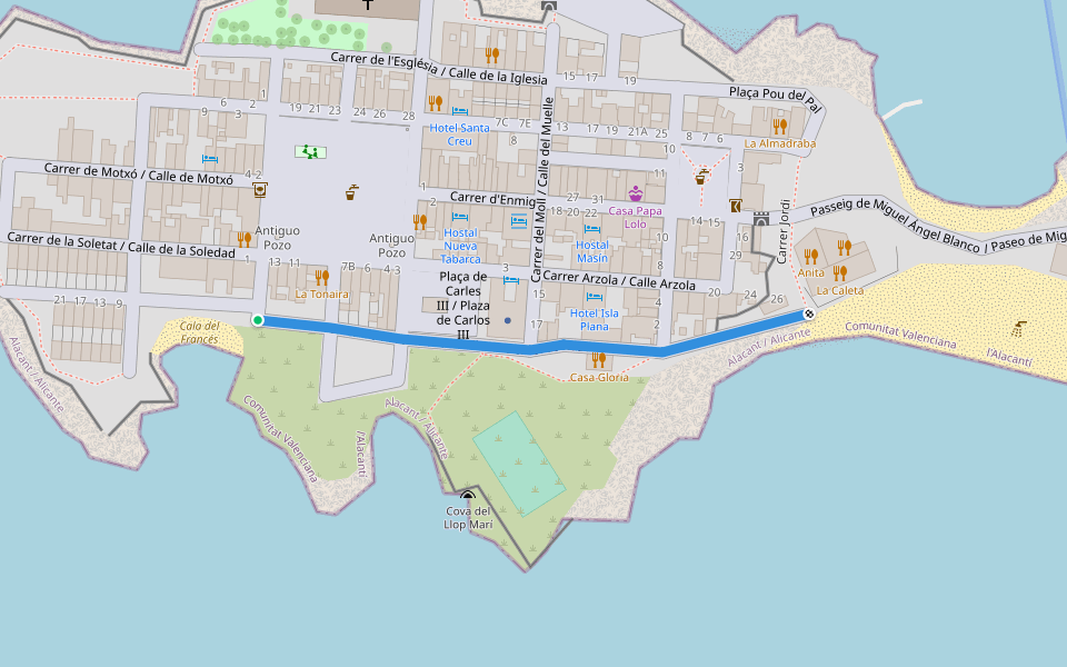 Carrer Bernardo Ruso / Calle de Bernardo Ruso walking route map in Tabarca