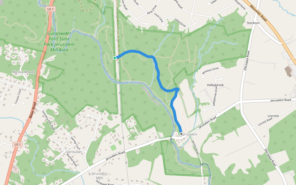 Jerusalem Mills Trail (blue) walking route map in Pleasant Hills