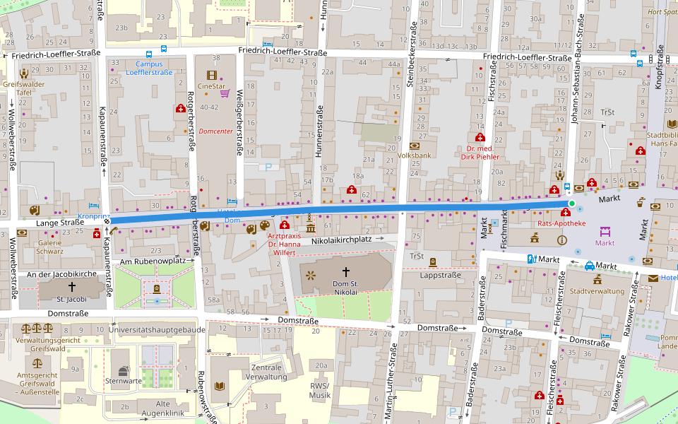 Lange Straße walking route map in Greifswald