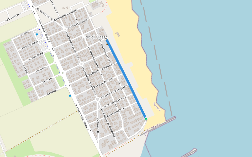 Via Giovanni Caboto walking route map in Lido di Classe