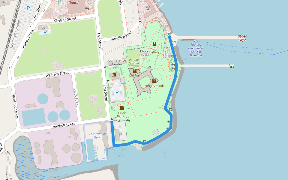 Fort Trumbull Riverfront Walk walking route map in New London