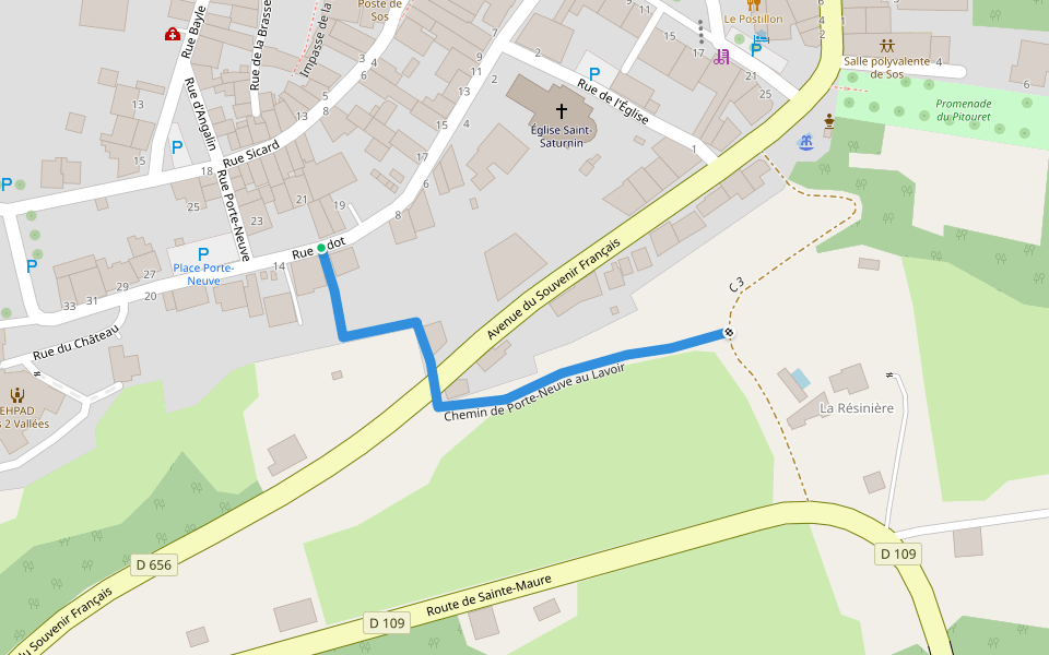 Chemin de Porte-Neuve au Lavoir walking route map in Sos
