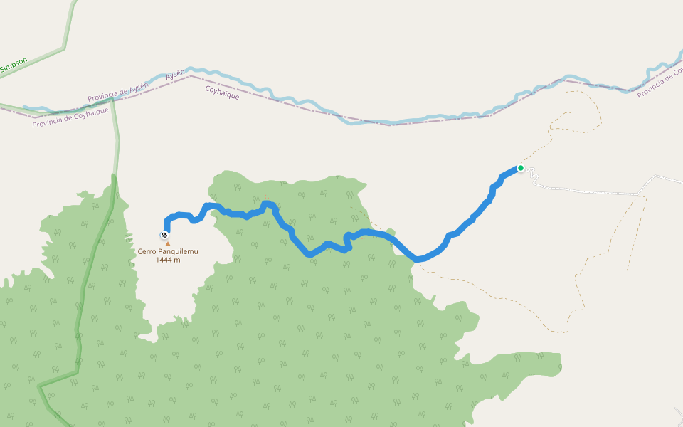 Sendero a cima Cerro Panguilemu walking route map in Coyhaique