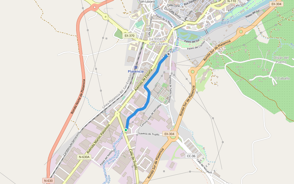 Paseo del Niebla walking route map in Plasencia