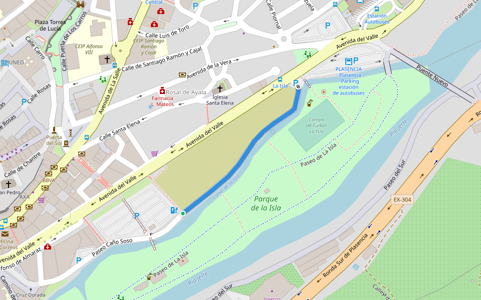 Paseo del Caño Soso walking route map in Plasencia