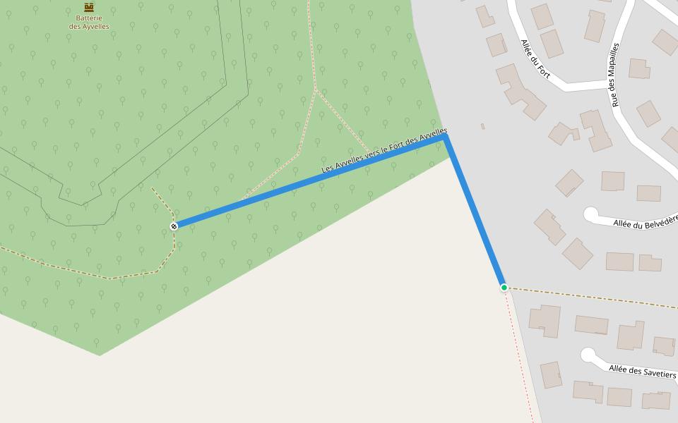 Les Ayvelles vers le Fort des Ayvelles walking route map in Les Ayvelles