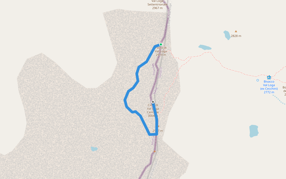 Passo di Val Loga - Cime di Val Loga walking route map in Mesocco