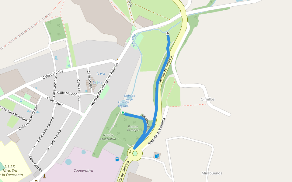 Sendero la pera walking route map in Villanueva del Arzobispo