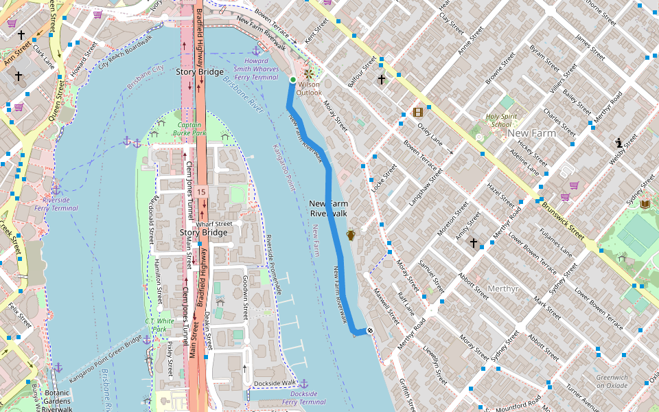 New Farm Riverwalk walking route map in Fortitude Valley