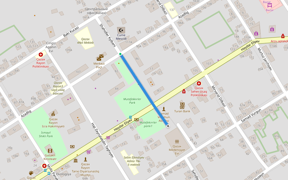 Shahidler Kyibani walking route map in Qazax