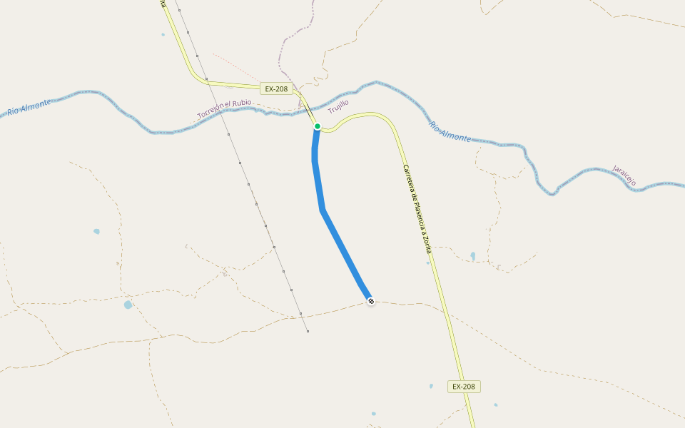 Cañada del Puente de la Barquilla walking route map in Trujillo