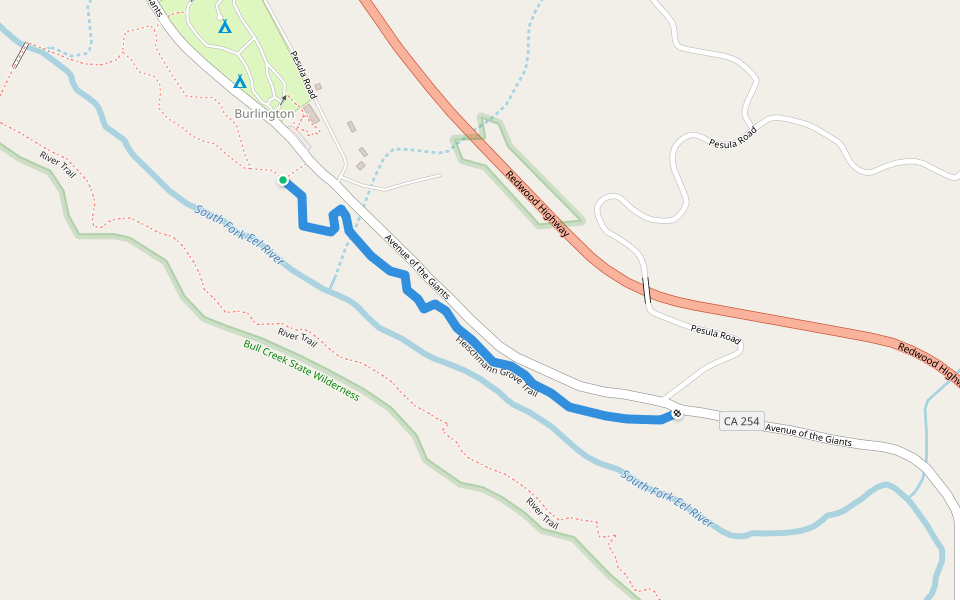 Fleischmann Grove Trail walking route map in Weott