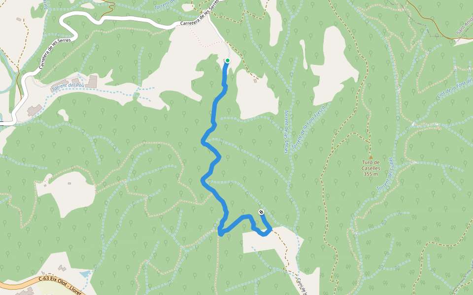 Camí de les Encies walking route map in Les Planes d'Hostoles