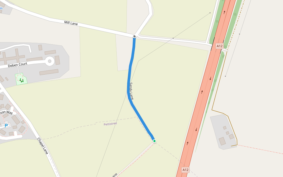 Sandy Lane walking route map in Wickham Market