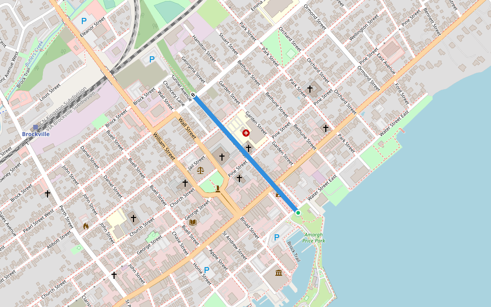Brockville Railway Tunnel walking route map in Brockville