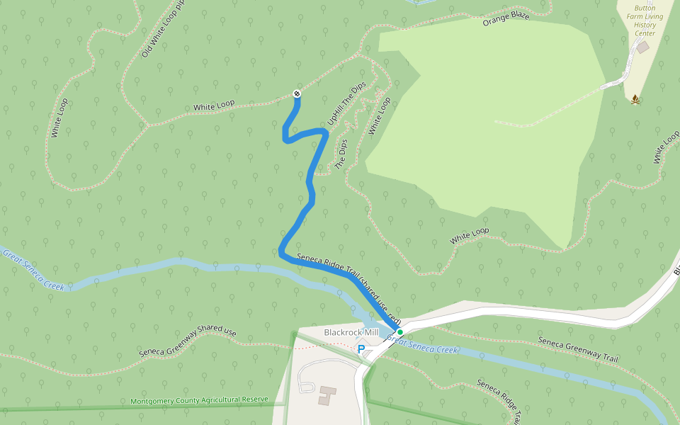 Seneca Ridge Trail (shared use, red) walking route map in Germantown
