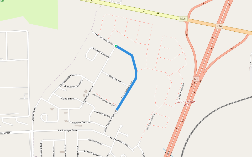 Chris Troskie Street walking route map in Maokeng