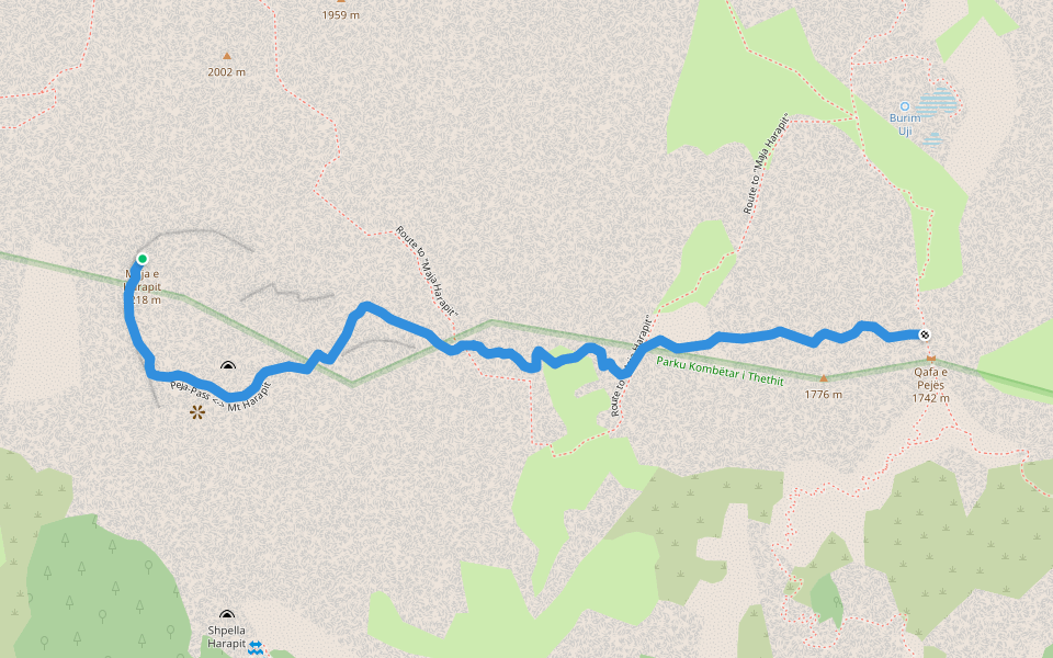 Peja-Pass <-> Mt Harapit walking route map in Nikç