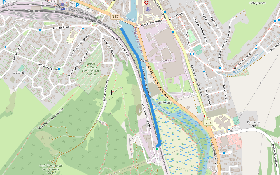 Chemin de la Fauconnière walking route map in Pontarlier