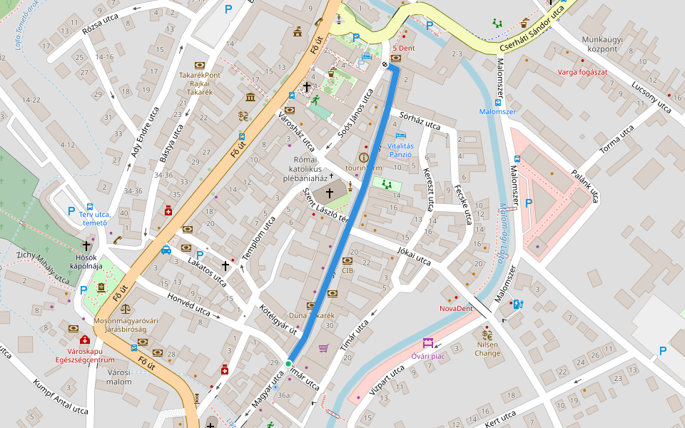 Magyar utca walking route map in Mosonmagyaróvár