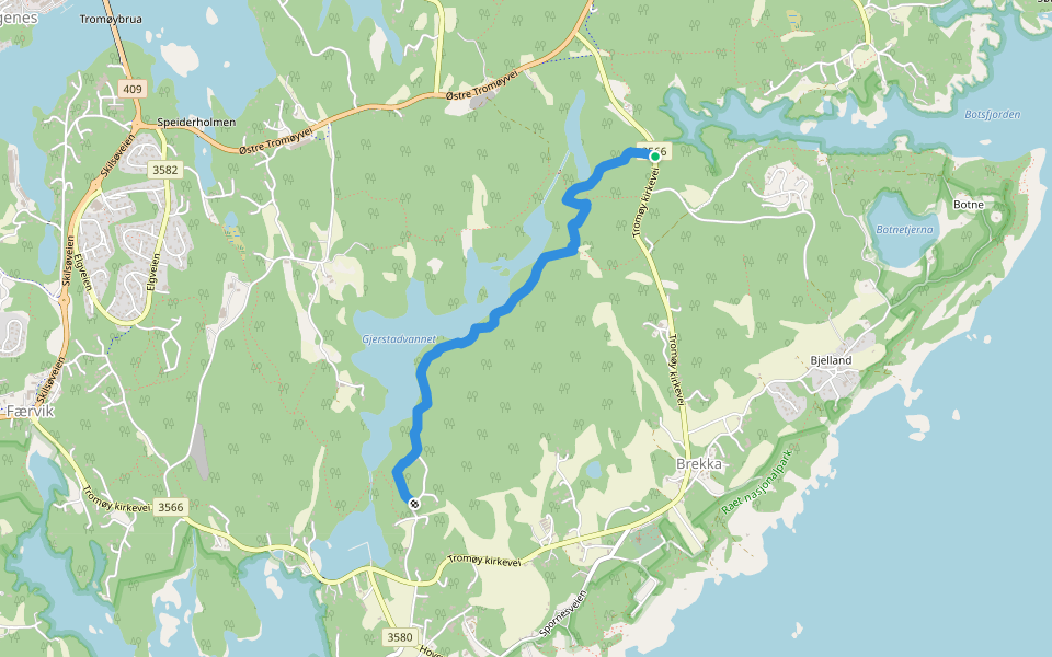 Turløype Gjerstadvannet walking route map in Gjerstad