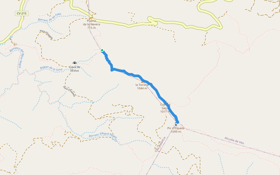 Senda del Pic d'Espadà walking route map in L'Alcúdia de Veo