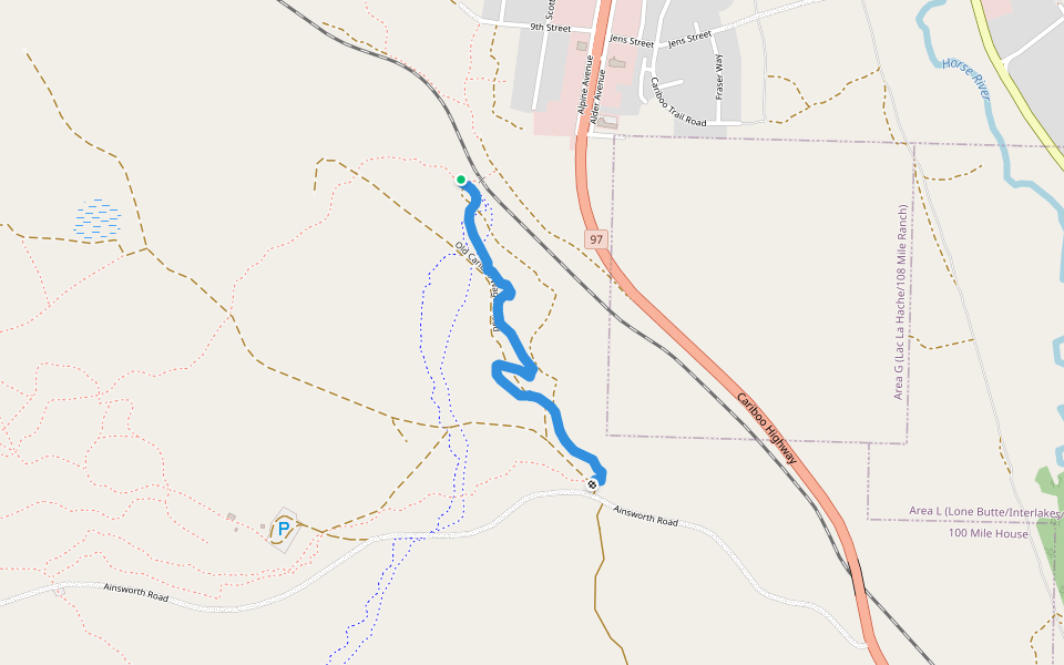 99 Mile XC Bike (Climb & Punishment 1) walking route map in 100 Mile House