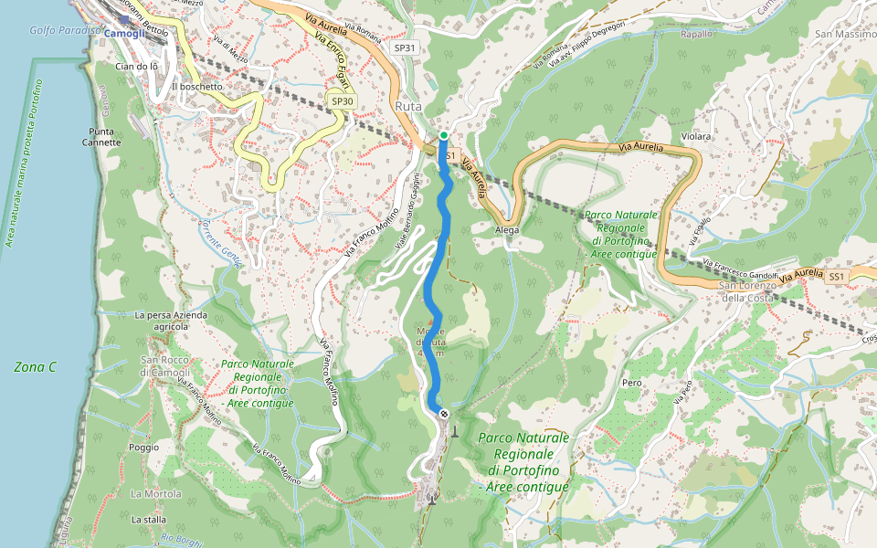 Via Gaixella walking route map in Camogli