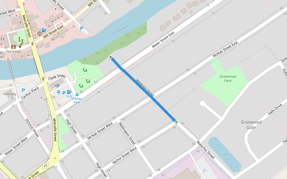 Waterloo Street walking route map in Elora