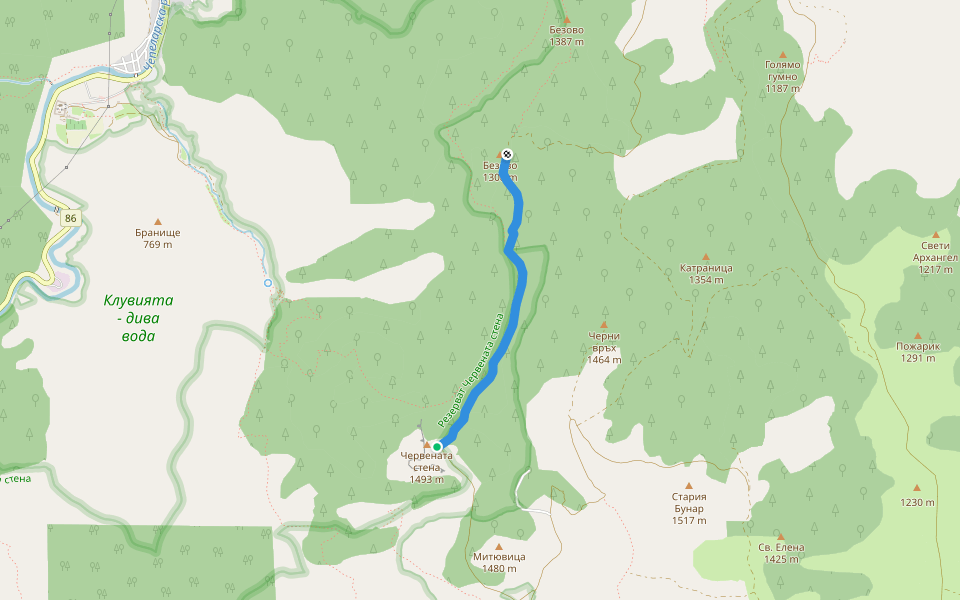 Червената стена - Безово walking route map in Бачково