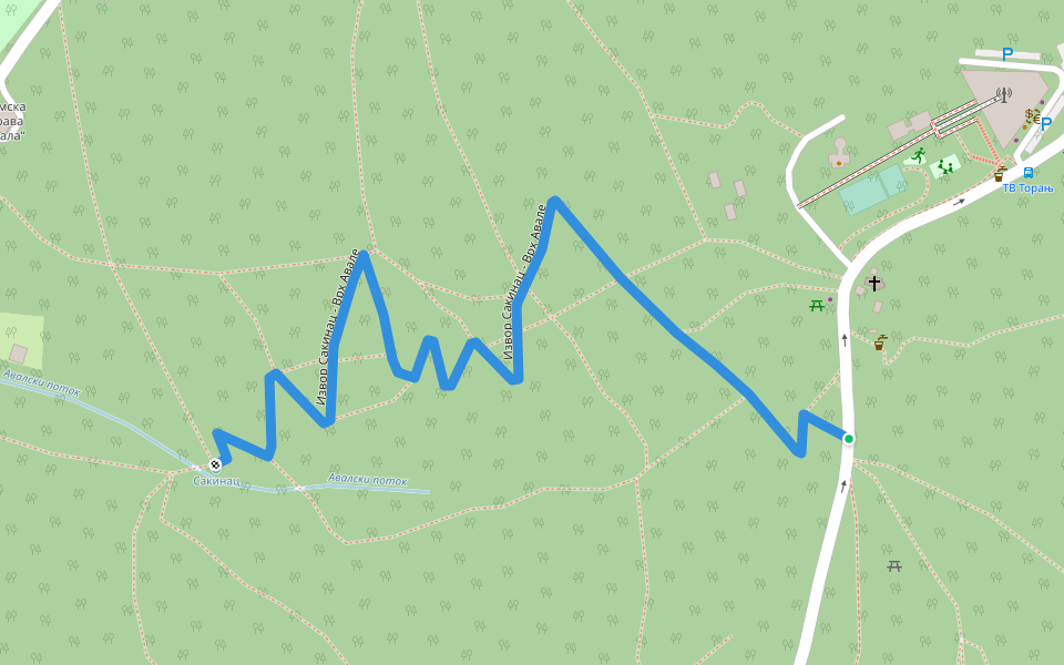 Извор Сакинац - Врх Авале walking route map in Beli Potok