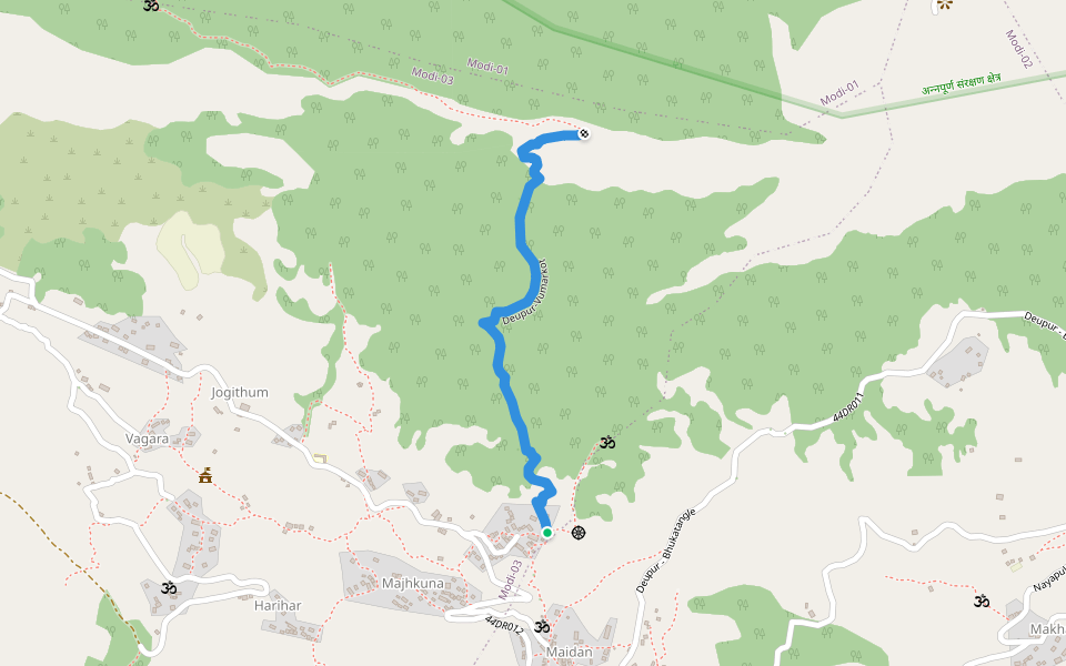 Deupur-Vumarkot walking route map in Deurali