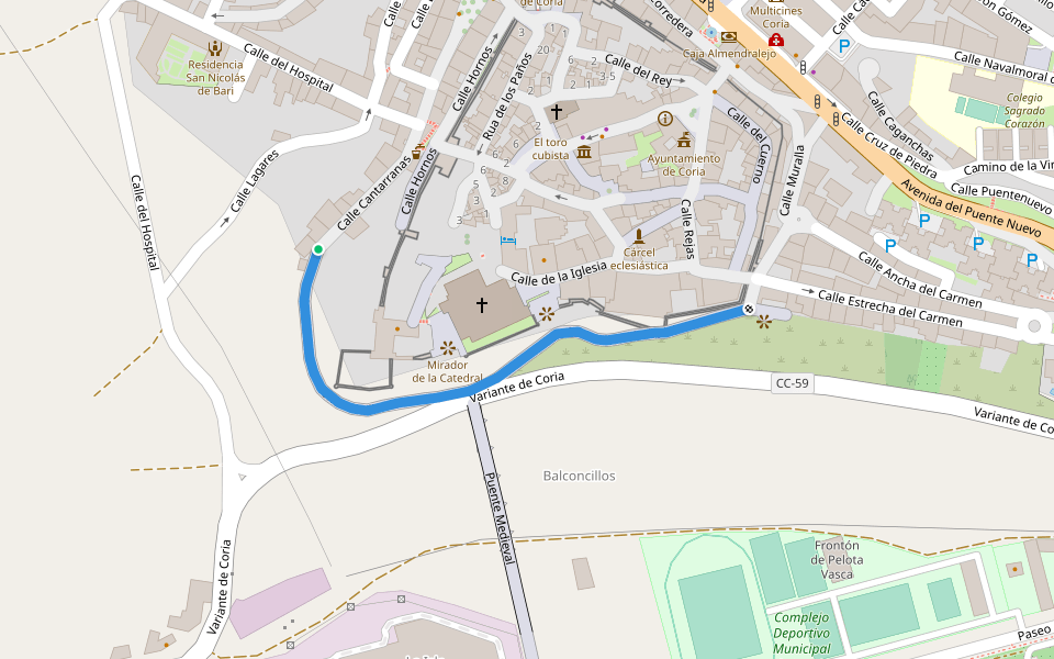 Paseo del Puente Medieval walking route map in Coria